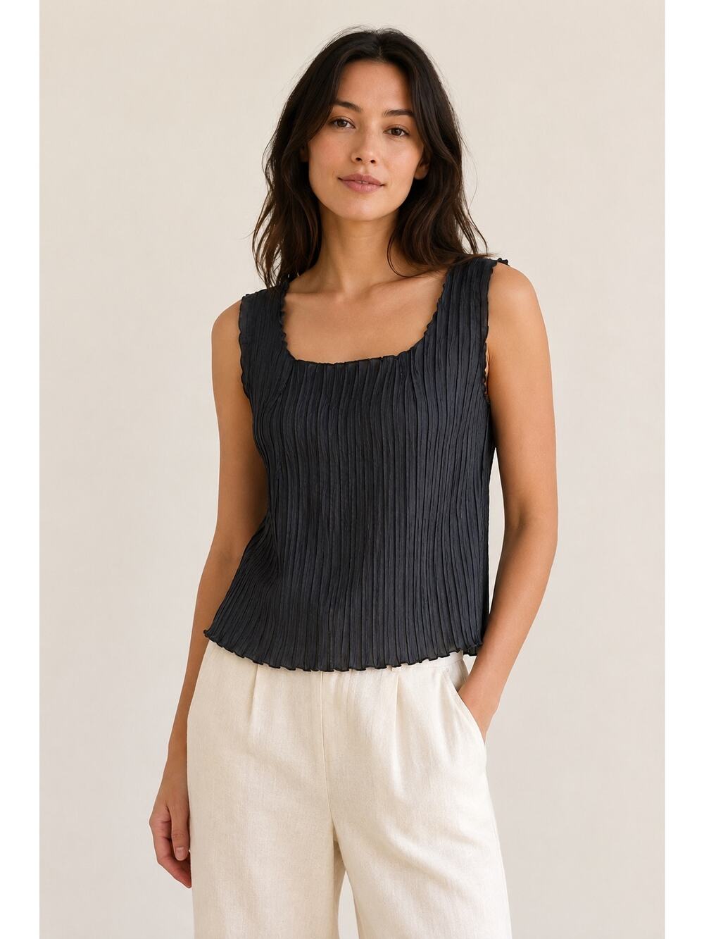 Emmelle Pleated Sleeveless Top | Charcoal Gray | Size Large